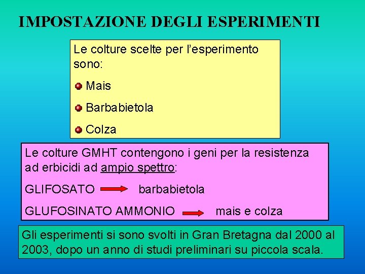 IMPOSTAZIONE DEGLI ESPERIMENTI Le colture scelte per l’esperimento sono: Mais Barbabietola Colza Le colture