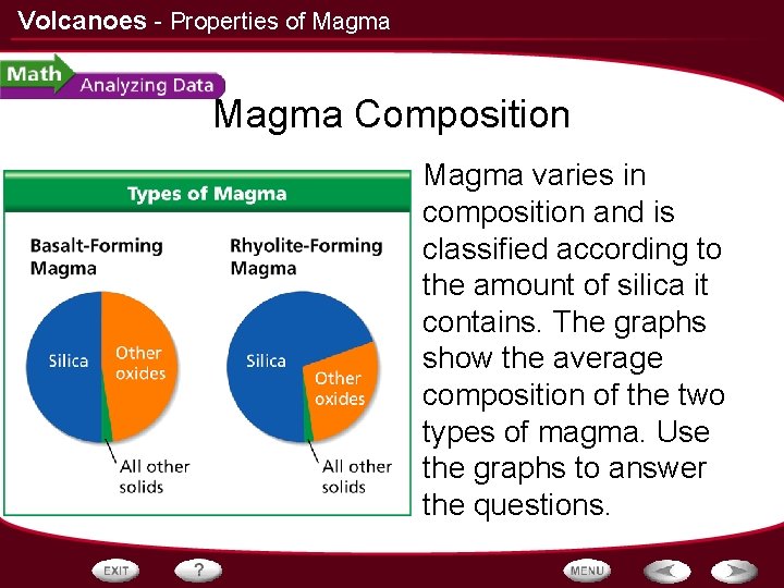 Volcanoes - Properties of Magma Composition • Magma varies in composition and is classified