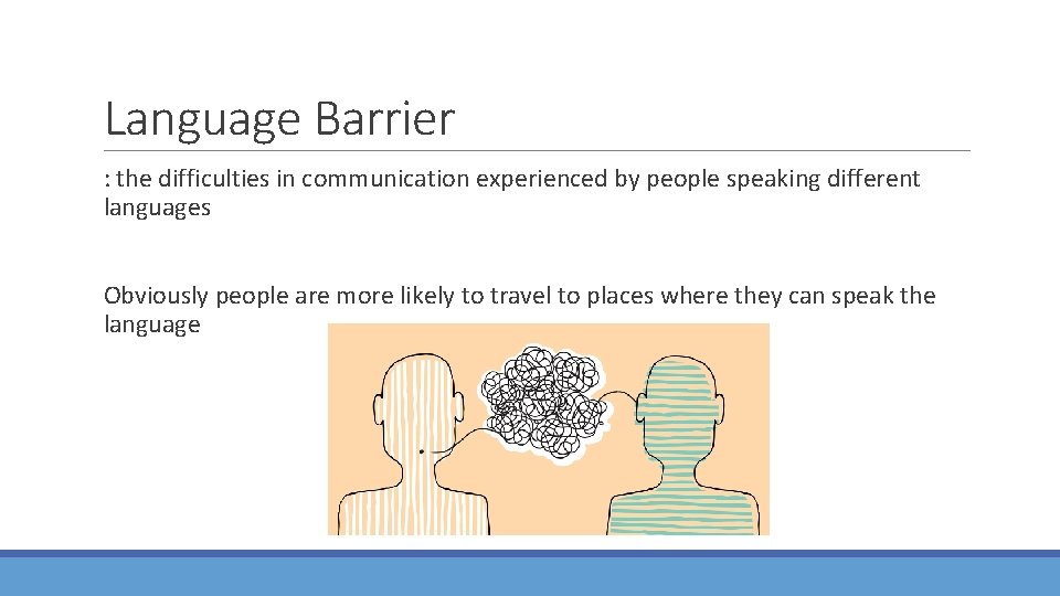 Language Barrier : the difficulties in communication experienced by people speaking different languages Obviously