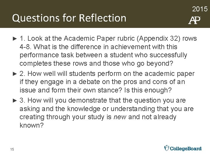 Questions for Reflection 2015 1. Look at the Academic Paper rubric (Appendix 32) rows