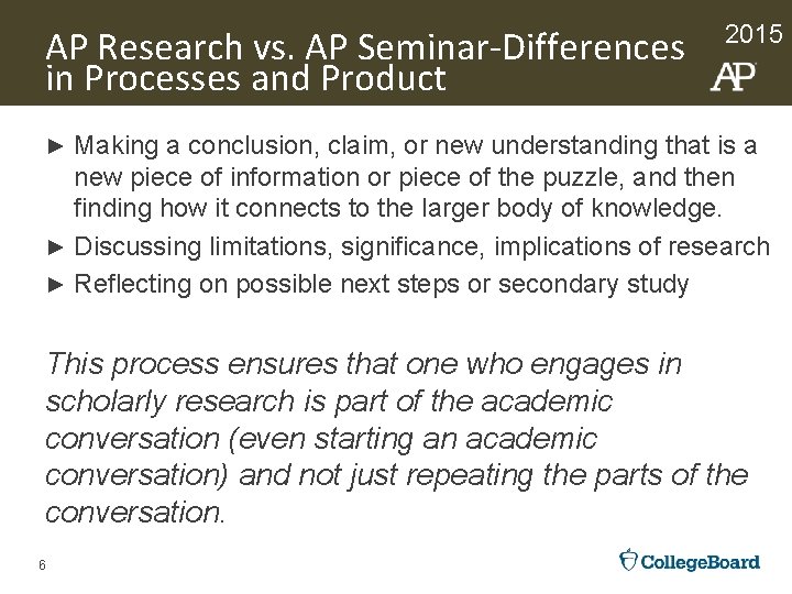 AP Research vs. AP Seminar-Differences in Processes and Product 2015 Making a conclusion, claim,