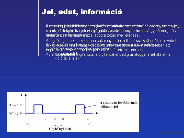 Jel, adat, információ Érzékszerveinkkel Az analóg jelek időben felfogható és térben (látható, folytonosak, hallható,