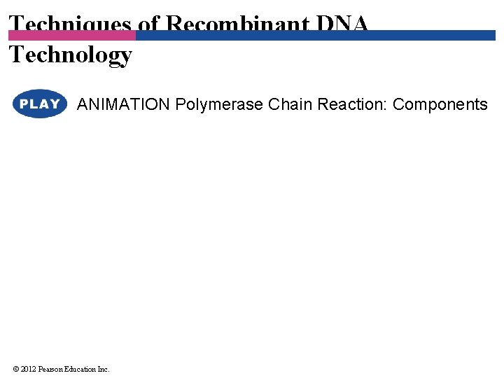 Techniques of Recombinant DNA Technology ANIMATION Polymerase Chain Reaction: Components © 2012 Pearson Education