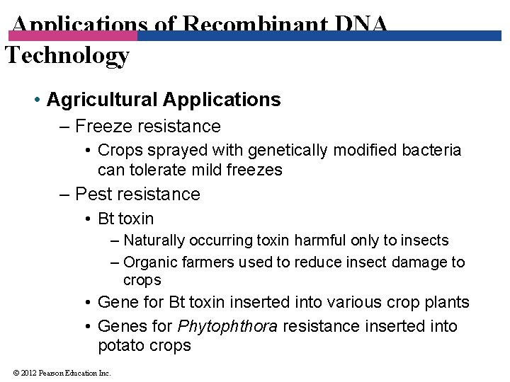 Applications of Recombinant DNA Technology • Agricultural Applications – Freeze resistance • Crops sprayed