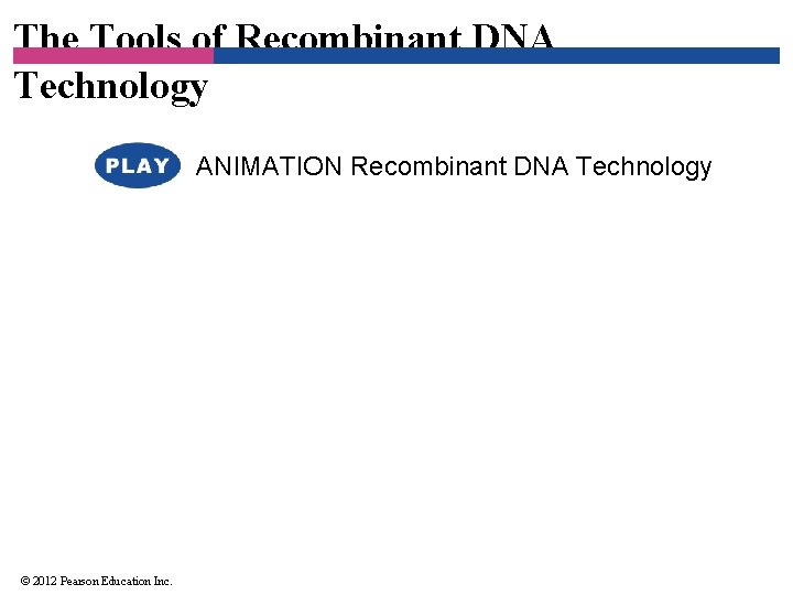 The Tools of Recombinant DNA Technology ANIMATION Recombinant DNA Technology © 2012 Pearson Education