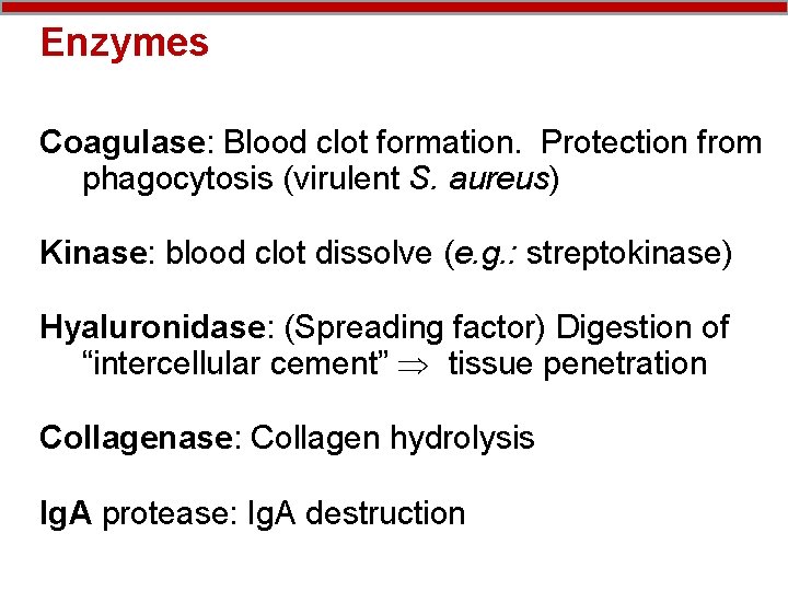 Enzymes Coagulase: Blood clot formation. Protection from phagocytosis (virulent S. aureus) Kinase: blood clot