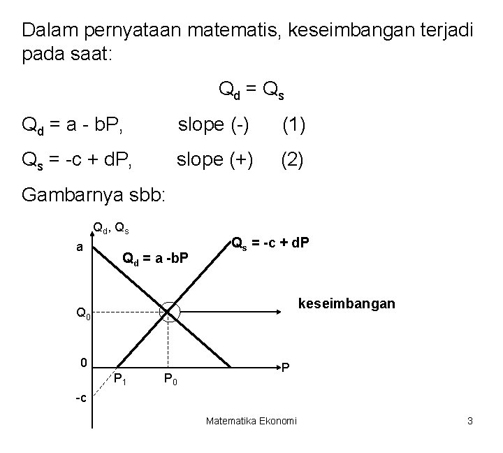 Dalam pernyataan matematis, keseimbangan terjadi pada saat: Qd = Q s Qd = a