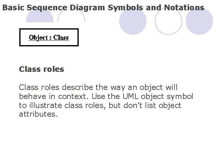 Basic Sequence Diagram Symbols and Notations Class roles describe the way an object will