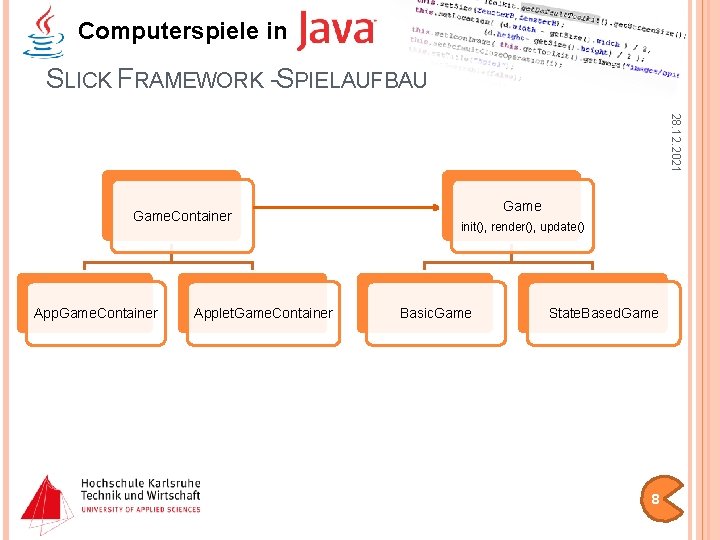 Computerspiele in SLICK FRAMEWORK -SPIELAUFBAU 28. 12. 2021 Game. Container Applet. Game. Container Game