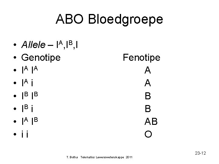 ABO Bloedgroepe • • Allele – IA, IB, I Genotipe IA I A IA