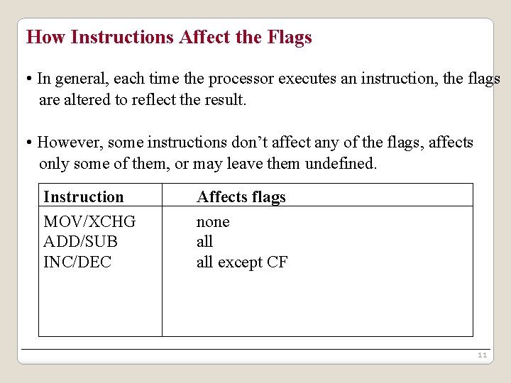 How Instructions Affect the Flags • In general, each time the processor executes an