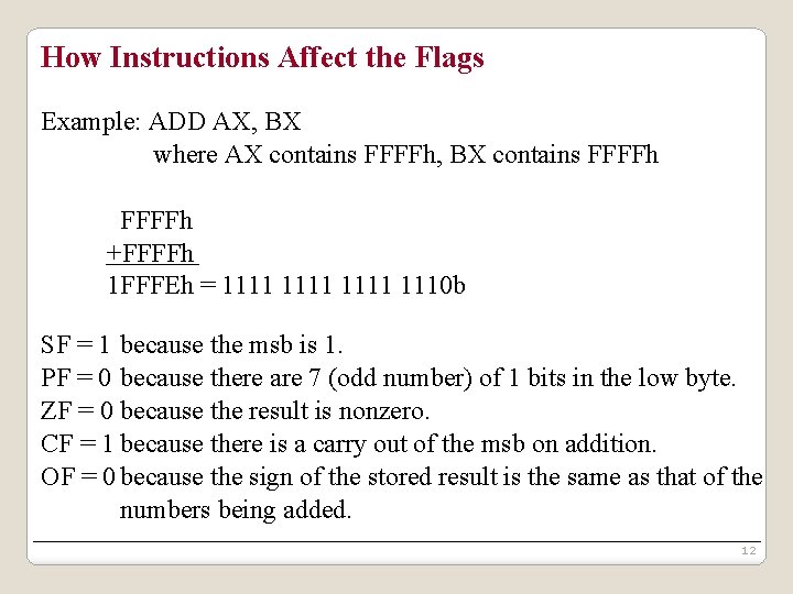How Instructions Affect the Flags Example: ADD AX, BX where AX contains FFFFh, BX