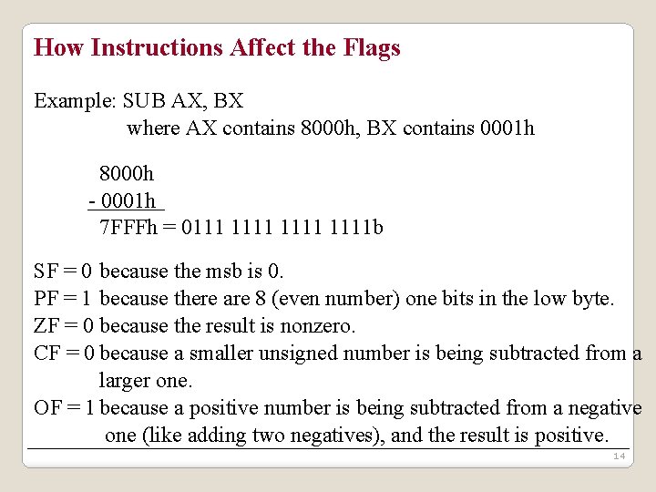 How Instructions Affect the Flags Example: SUB AX, BX where AX contains 8000 h,