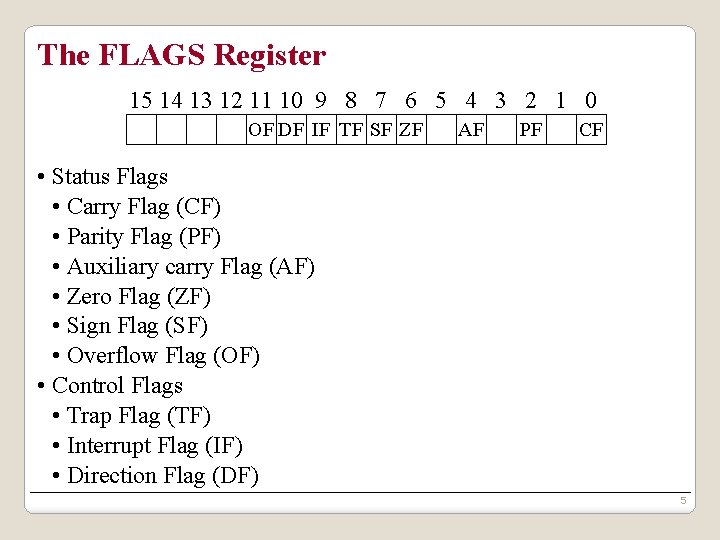 The FLAGS Register 15 14 13 12 11 10 9 8 7 6 5