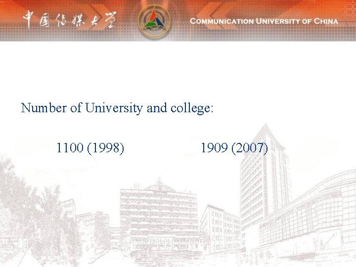 Number of University and college: 1100 (1998) 1909 (2007) 