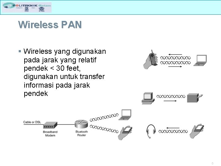 Wireless PAN § Wireless yang digunakan pada jarak yang relatif pendek < 30 feet,