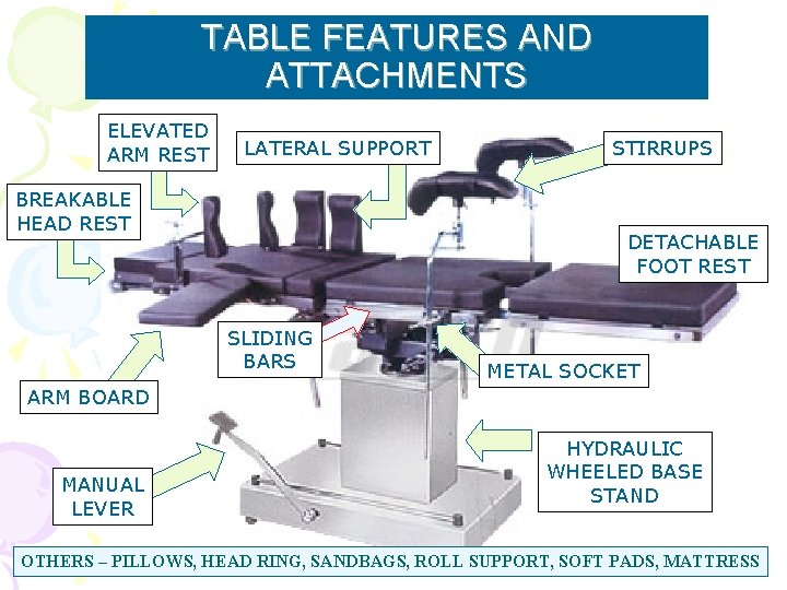 TABLE FEATURES AND ATTACHMENTS ELEVATED ARM REST LATERAL SUPPORT BREAKABLE HEAD REST STIRRUPS DETACHABLE