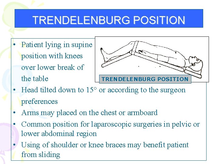 TRENDELENBURG POSITION • Patient lying in supine position with knees over lower break of