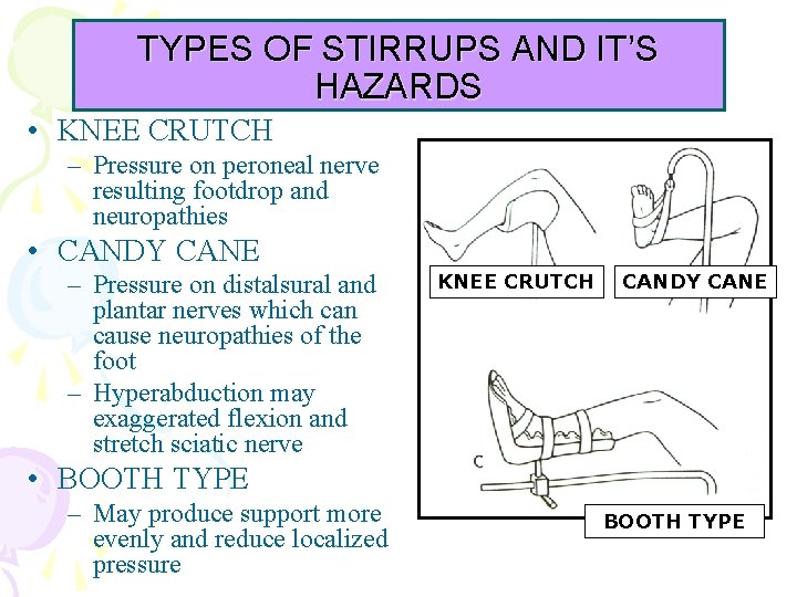 TYPES OF STIRRUPS AND IT’S HAZARDS • KNEE CRUTCH – Pressure on peroneal nerve