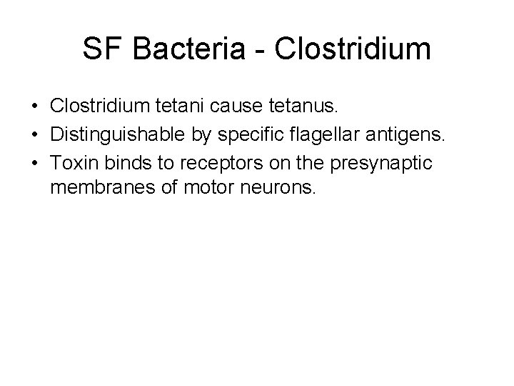 SF Bacteria - Clostridium • Clostridium tetani cause tetanus. • Distinguishable by specific flagellar