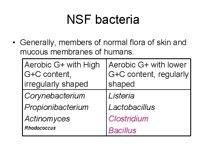 NSF bacteria • Generally, members of normal flora of skin and mucous membranes of