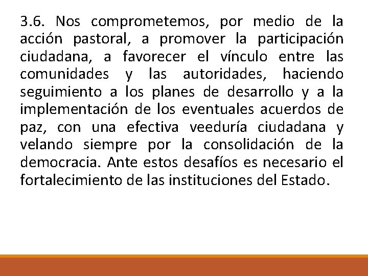 3. 6. Nos comprometemos, por medio de la acción pastoral, a promover la participación