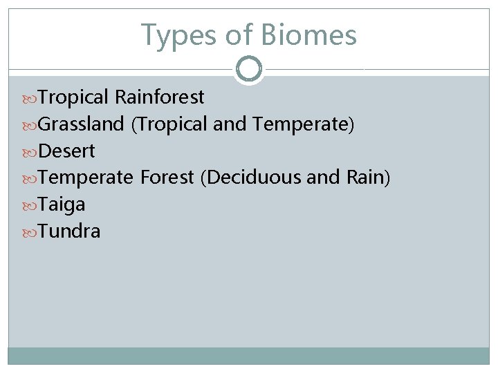 Types of Biomes Tropical Rainforest Grassland (Tropical and Temperate) Desert Temperate Forest (Deciduous and