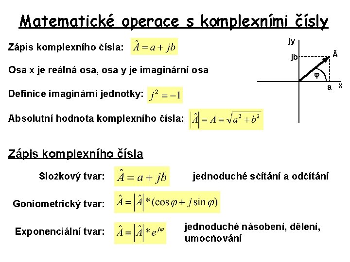 Matematické operace s komplexními čísly jy Zápis komplexního čísla: jb Osa x je reálná