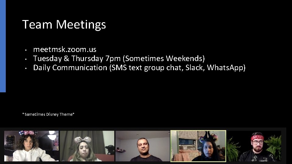 Team Meetings • • • meetmsk. zoom. us Tuesday & Thursday 7 pm (Sometimes