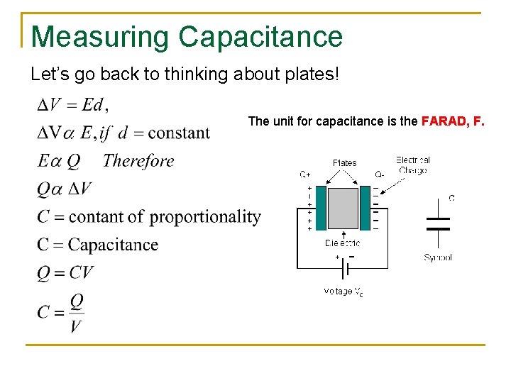 Measuring Capacitance Let’s go back to thinking about plates! The unit for capacitance is