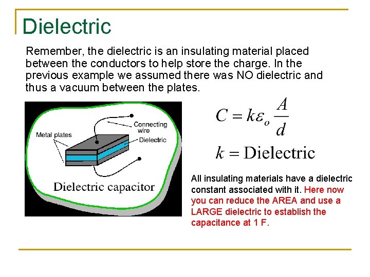 Dielectric Remember, the dielectric is an insulating material placed between the conductors to help