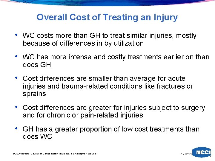 Overall Cost of Treating an Injury • WC costs more than GH to treat