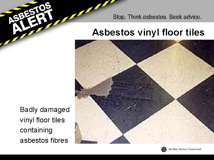 Asbestos vinyl floor tiles Badly damaged vinyl floor tiles containing asbestos fibres 