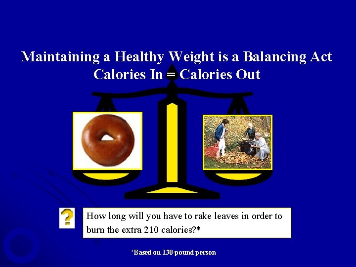 Maintaining a Healthy Weight is a Balancing Act Calories In = Calories Out How