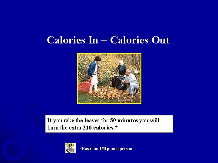 Calories In = Calories Out If you rake the leaves for 50 minutes you