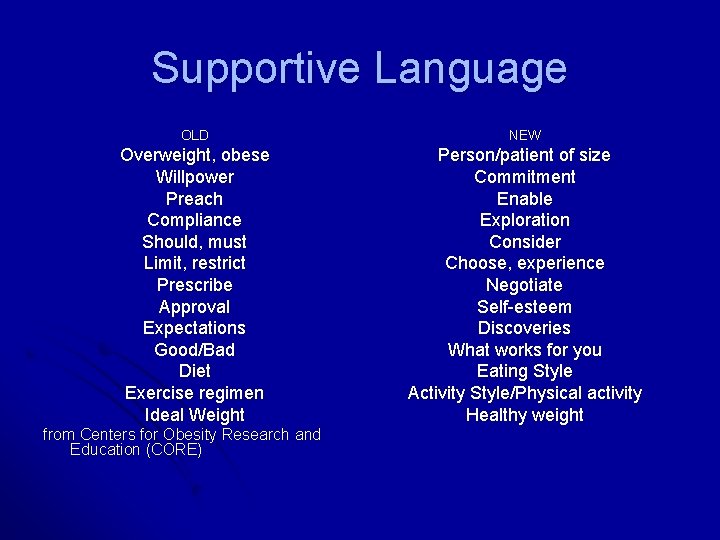 Supportive Language OLD NEW Overweight, obese Willpower Preach Compliance Should, must Limit, restrict Prescribe