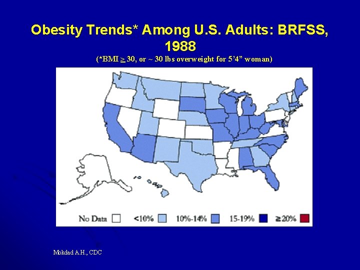 Obesity Trends* Among U. S. Adults: BRFSS, 1988 (*BMI > 30, or ~ 30