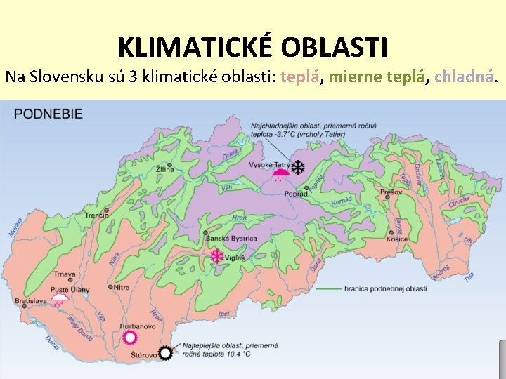 KLIMATICKÉ OBLASTI Na Slovensku sú 3 klimatické oblasti: teplá, mierne teplá, chladná. 
