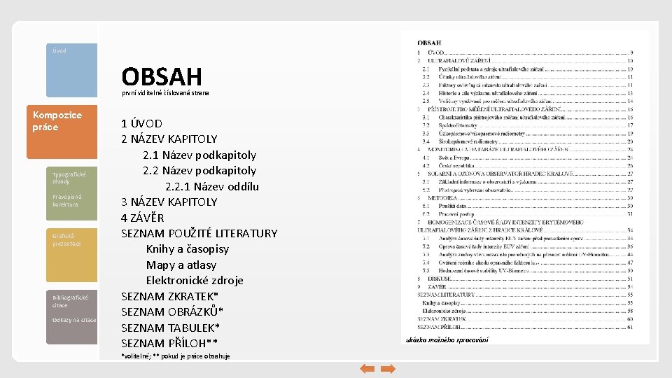 Úvod OBSAH první viditelně číslovaná strana Kompozice práce Typografické zásady Pravopisná korektura Grafická prezentace