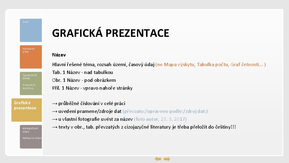 Úvod GRAFICKÁ PREZENTACE Kompozice práce Typografické zásady Pravopisná korektura Grafická prezentace Bibliografické citace Odkazy