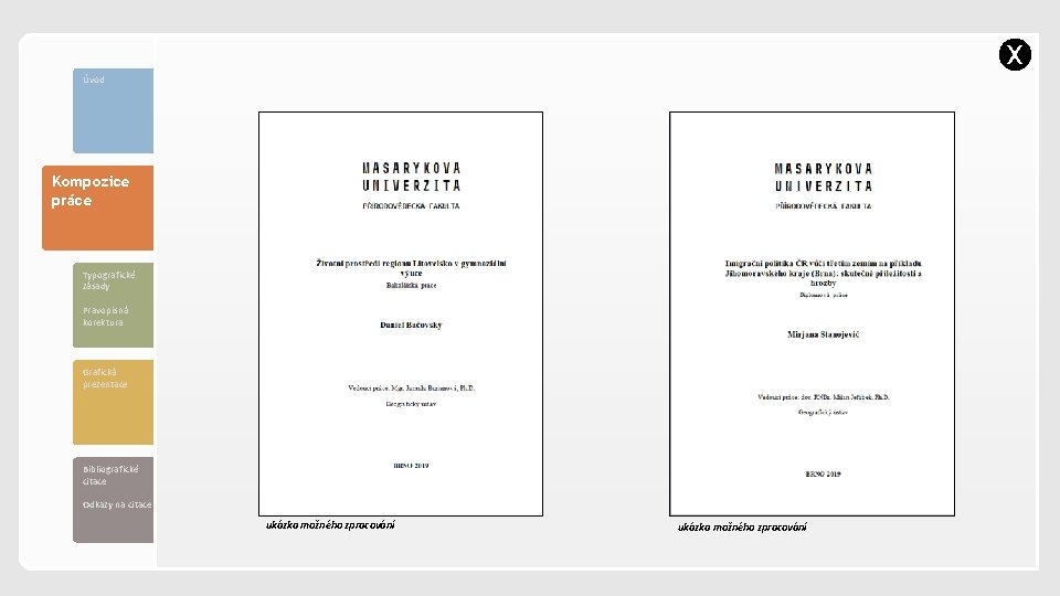 X Úvod Kompozice práce Typografické zásady Pravopisná korektura Grafická prezentace Bibliografické citace Odkazy na