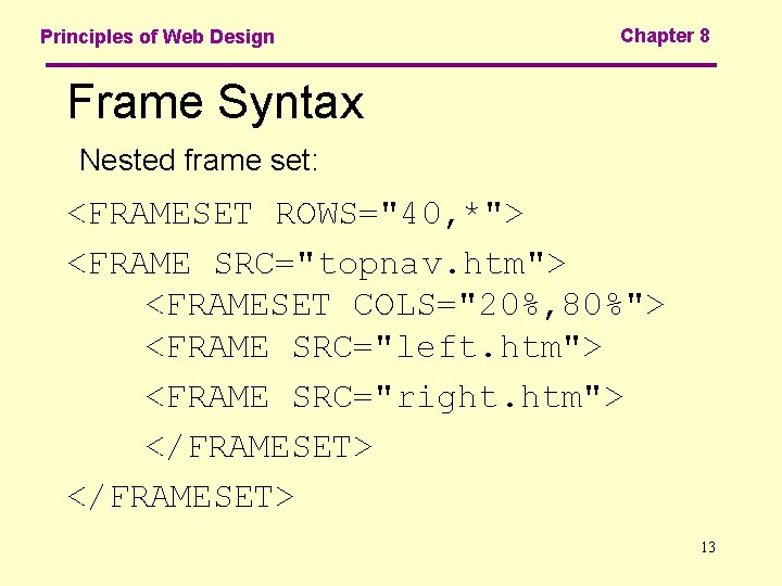 Principles of Web Design Chapter 8 Frame Syntax Nested frame set: <FRAMESET ROWS="40, *">
