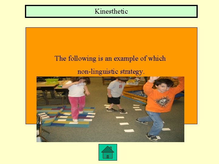 Kinesthetic The following is an example of which non-linguistic strategy. 