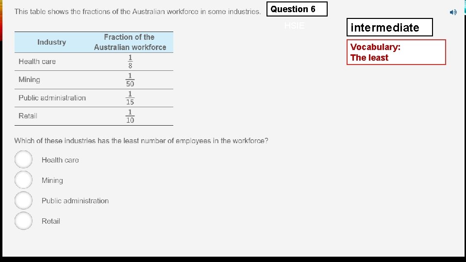 Question 6 HSIE intermediate Vocabulary: The least 