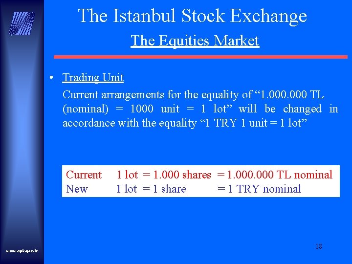 The Istanbul Stock Exchange The Equities Market • Trading Unit Current arrangements for the