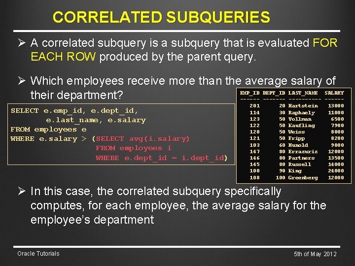 CORRELATED SUBQUERIES Ø A correlated subquery is a subquery that is evaluated FOR EACH
