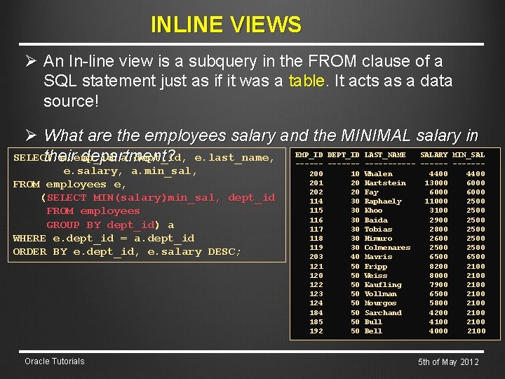 INLINE VIEWS Ø An In-line view is a subquery in the FROM clause of