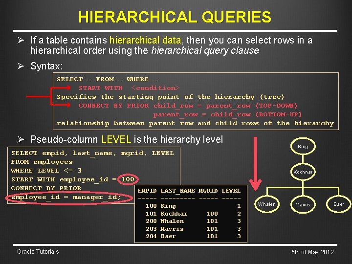 HIERARCHICAL QUERIES Ø If a table contains hierarchical data, then you can select rows