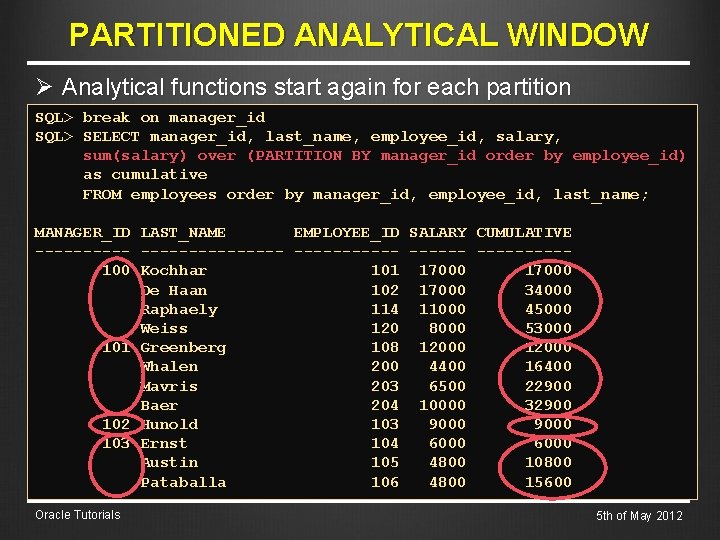 PARTITIONED ANALYTICAL WINDOW Ø Analytical functions start again for each partition SQL> break on