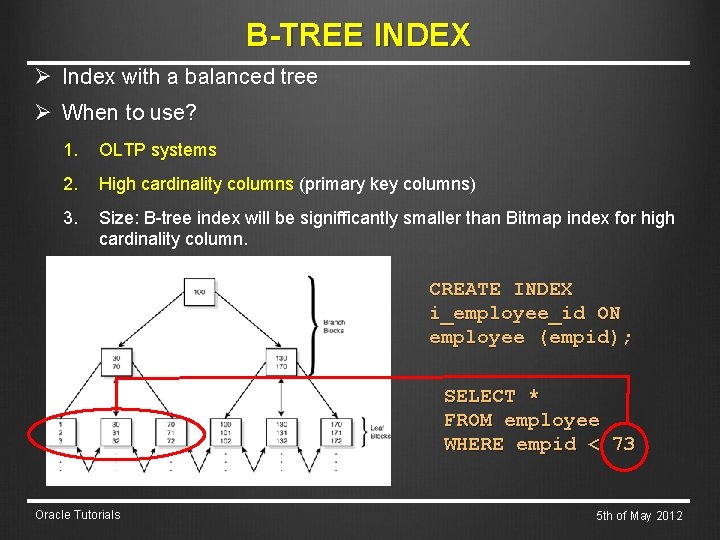 B-TREE INDEX Ø Index with a balanced tree Ø When to use? 1. OLTP